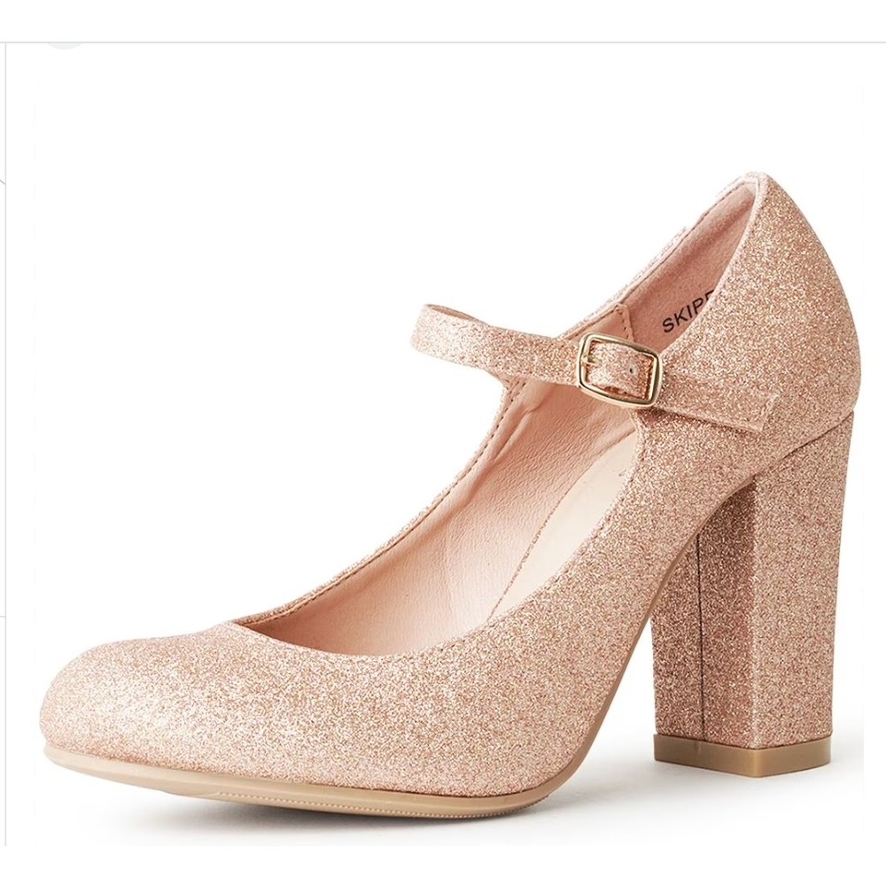 J. Adams Skippy Rose Gold Glitter Mary Jane Block Heels Womens 8 Round Toe Party